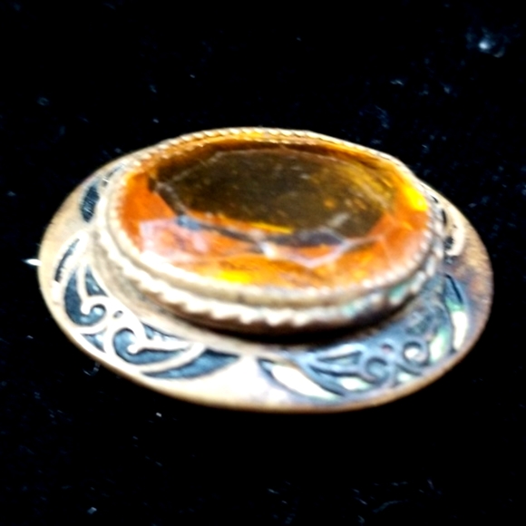 Vintage 1920s Art Deco Amber Citrine Glass Gold Tone Brooch - Picture 10 of 12